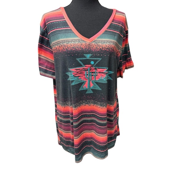 Crazy Train Tops - Crazy Train Black Orange Aztec Cactus Graphic V Neck Tee Large